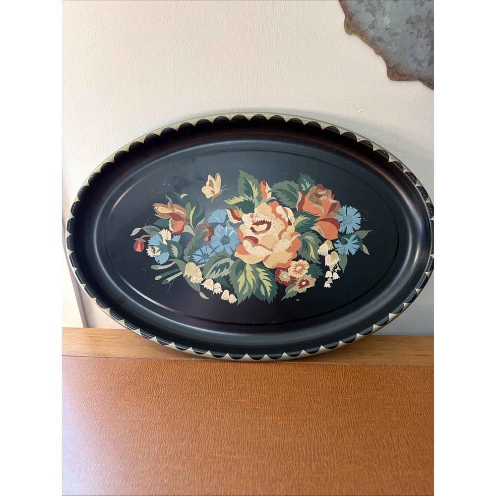 Vintage Hand Painted Tole Toleware Floral Metal Tray Decor Cottagecore